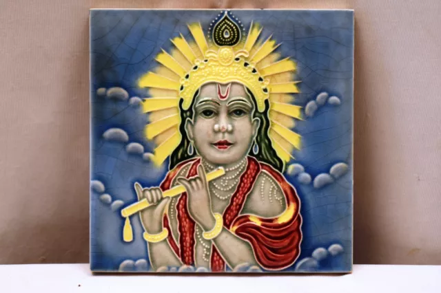 Antique Tile Art Nouveau Majolica Japan Lord Krishna Playing The Flute Porcel"J4 2