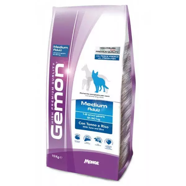 GEMON Mangime Completo Monge CANE MEDIUM ADULT CON TONNO E RISO KG. 15