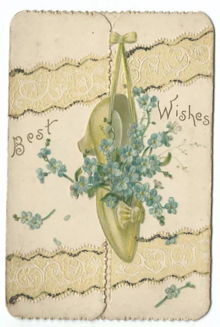 Victorian Folding Die Cut New Year Card: Best Wishes, Forget-Me-Nots in Shoe