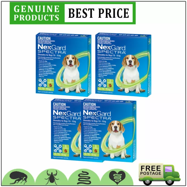 Nexgard Spectra Flea Worms Protection for Dogs 7.6 to 15 Kg 3,6,12 Doses GREEN