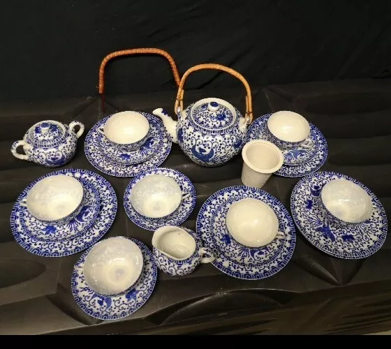 🌟Asiatisches Teeservice 🌟 Porzellan Keramik Blau Weiss Fernost Hauchdünn 🔝
