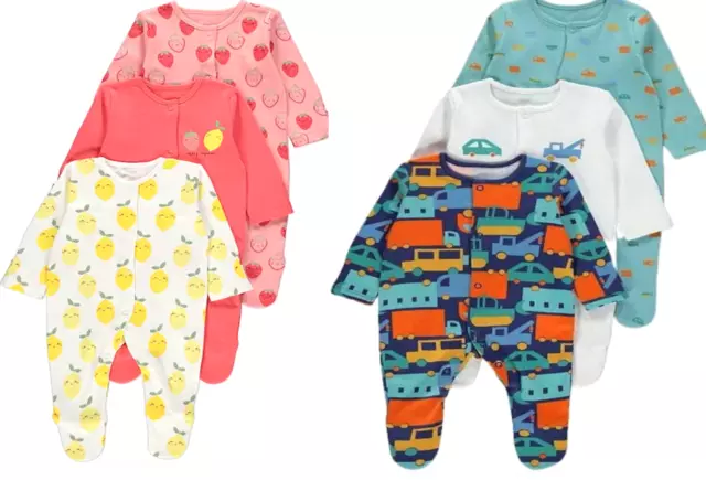 New Baby Boys Girls 3 Pack Babygrows Sleepsuits Rompers Playsuits 3,6,9,12,18,24