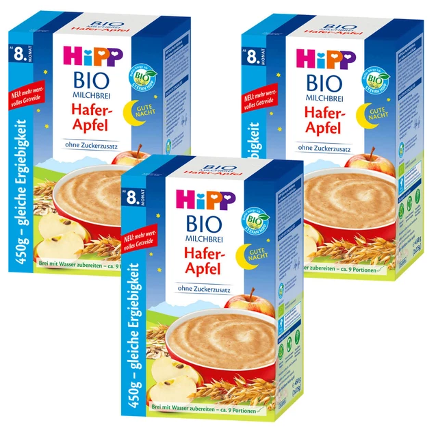 3x 450g HiPP Bio Papilla Lacteada Gute Noche Avena Manzana sin Azúcares Añadidos