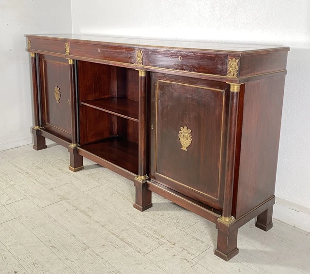 Antica Credenza Impero Primi 1900 Legno Bronzo Dispensa Ante Cassetti Salotto
