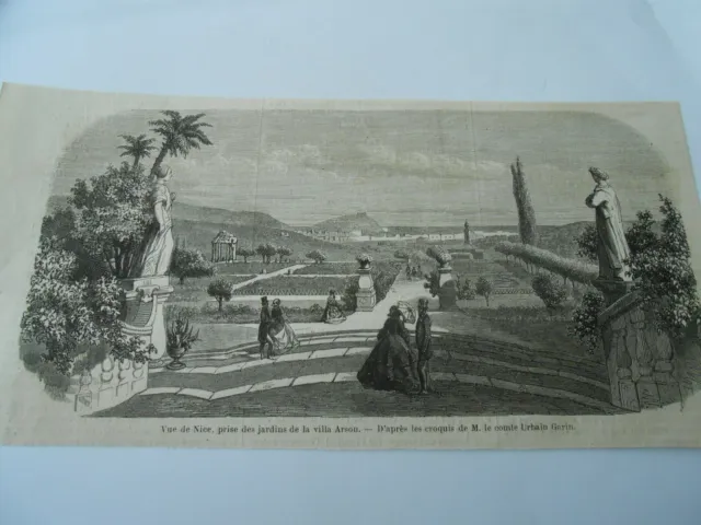 Gravure 1861 - Vue de Nice prise des jardins de la villa Arson