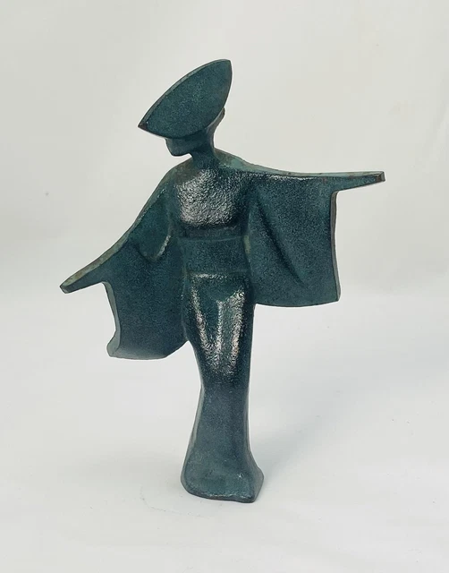 Vintage Japanese Cast Iron Awa Odori Dancer Figurine Green Patina Oriental Decor