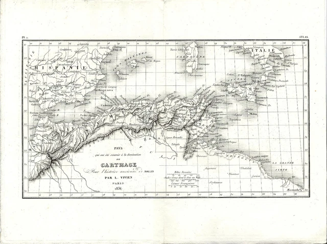 CARTA GEOGRAFICA ANTICA AFRICA MEDITERRANEO CARTAGINE Vivien 1805