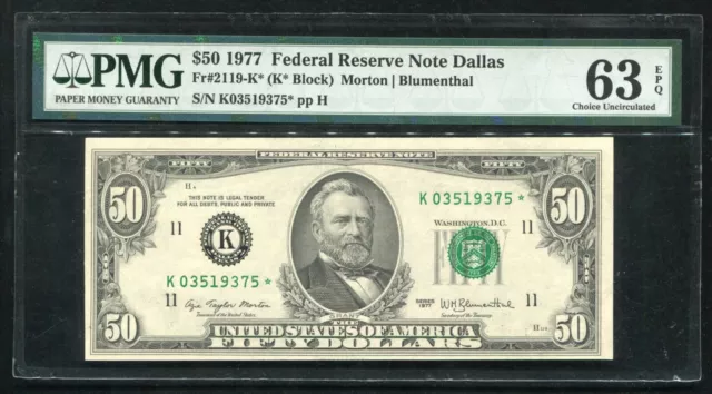 Fr. 2119-K* 1977 $50 *Star* Frn Federal Reserve Note Dallas, Tx Pmg Unc-63Epq