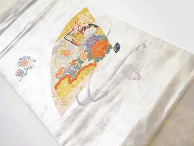 43348# Japanese Kimono / Vintage Nagoya Obi / Woven Floral Fan Pattern