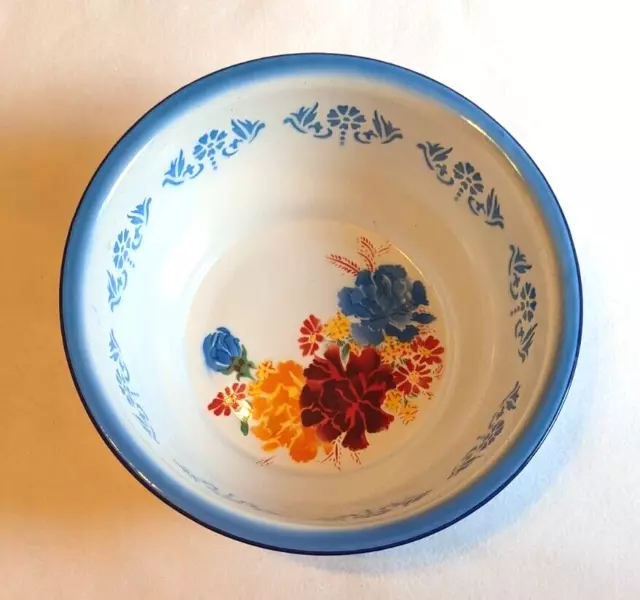 Vintage 1950s Enamelware Bowl, Floral Pattern Blue Rim, 14" Item 204P-03