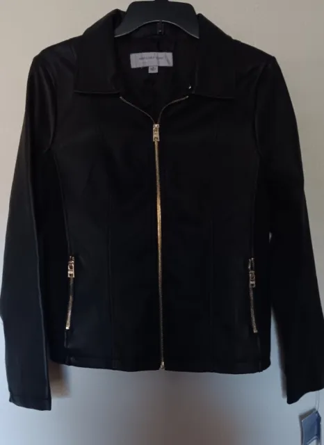 Andrew Marc New York Womens Black Leather Size Small Gold Zip Jacket Coat NWT