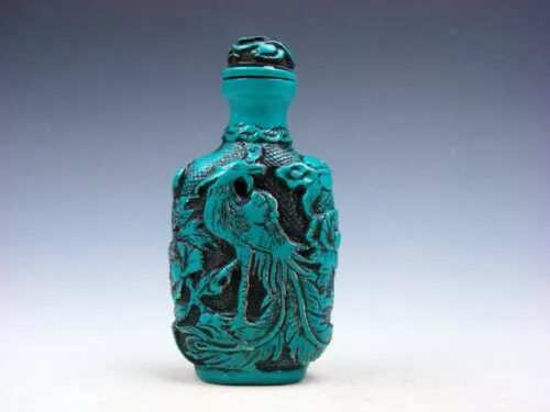 Chinese Exquisite Turquoise Glazed Phoenix Birds & Flower Blossoms Snuff Bottle