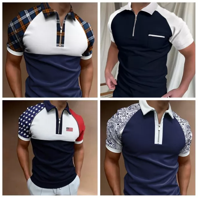 Polo T Shirt Men Zipper Collar Navy Blue White Contrast Casual Golf Fashion Tee