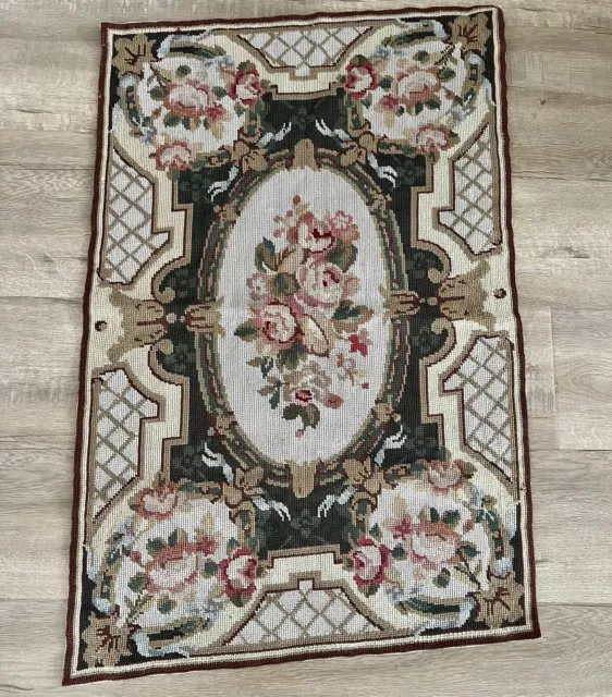 Vintage Handmade Needlepoint Tapestry Rug Aubusson Savonnerie Design 2 ft x 3 ft