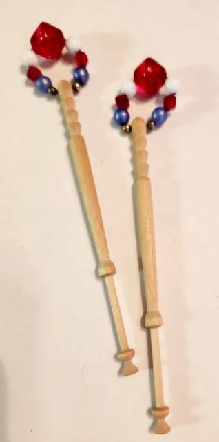 Set of 2 Carved Wood Spangled Lace Bobbins with Glass Beads