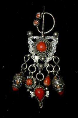 Extremely Old Red Orange Silver Coral Possible Moroccan Tribal Fibula Pin 1.78oz