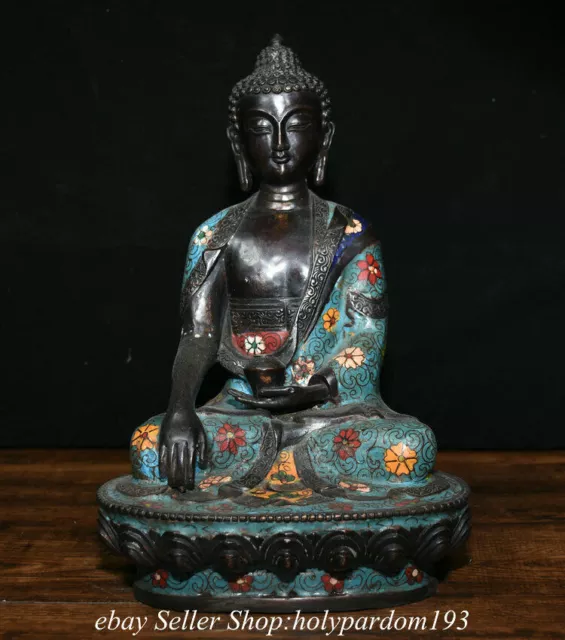 11.6" Old China Bronze Cloisonne Shakyamuni Amitabha Buddha Statue Sculpture