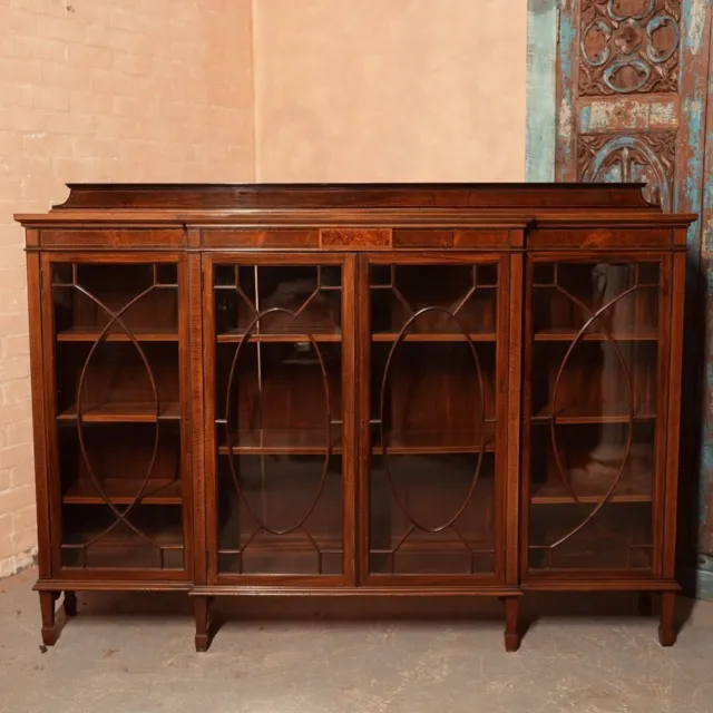 Antique Glazed Bookcase Display Cabinet Breakfront Inlaid Mahogany Edwardian