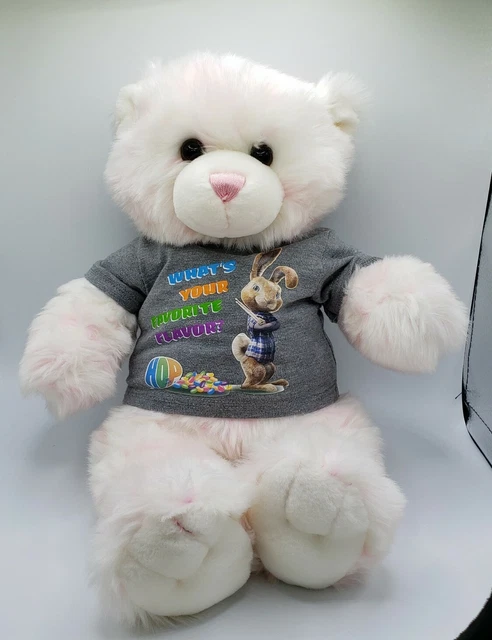 Build A Bear Plush White and Blush Pink Mixed Fur Bear with Hop The Movie Shirt