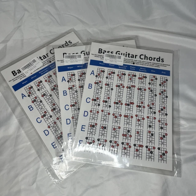 (3) LAMINATED BASS guitar chords 4 string chart learning kids music