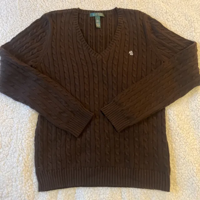 Ralph Lauren Brown V Neck Cable Knit Sweater Women’s Size Large L