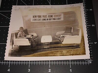 1950s Boy @ TWA First Class Lounge SIGN Airline MCM Chair Vintage Snapshot PHOTO