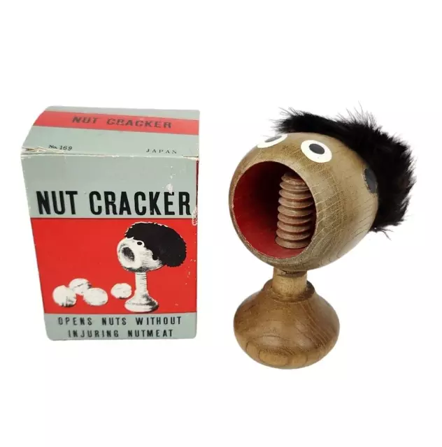 Retro Nut Cracker Vintage Japan Wooden Screw Mouth Chomp Man Fuzzy Afro Hair Box