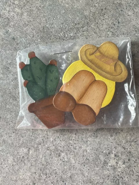 Vintage Signed Griffi Wood Sleeping Mexican Cactus Brooch Pins New