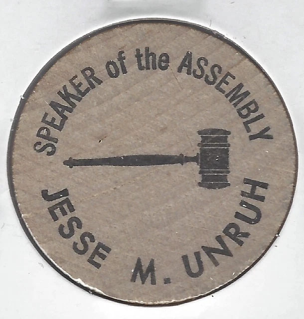 JESSE M. UNRUH, Speaker Of The Assembly (California), Token/Coin, Wooden Nickel