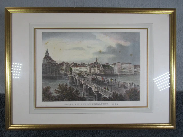 Schöner antiker gerahmter Gravurdruck Basel & Rheinbrücke 1850 Schweiz