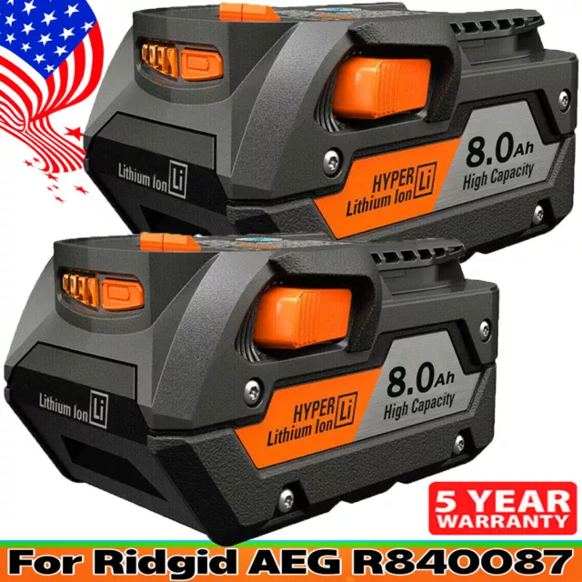 2PACK For Ridgid R840087 8.0Ah Lithium Battery 18 Volt Rigid R840085 Power Tools