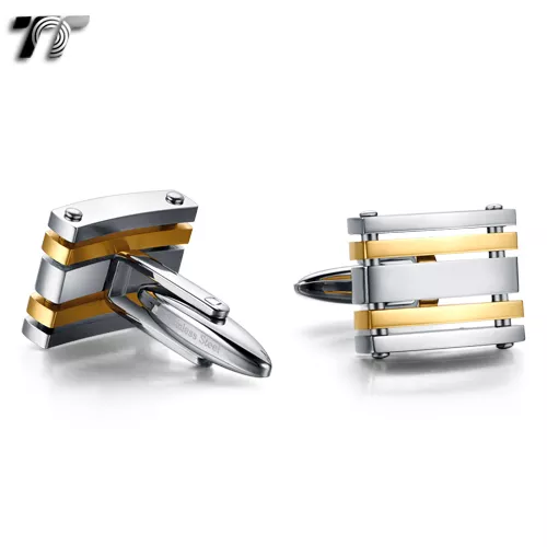 Elegant MENS TT Two-Tone Silver/Gold Stripe Stainless Steel Cufflinks CU51J NEW