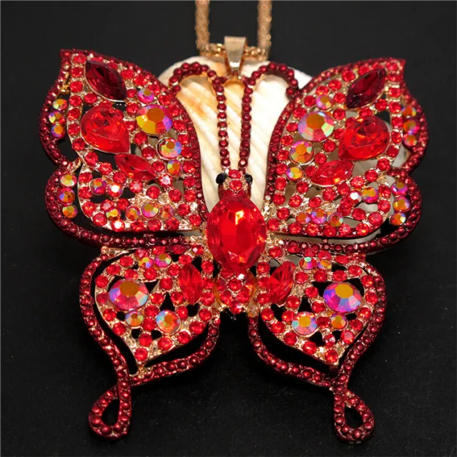 New Red Bling Rhinestone Flower Butterfly Pendant Fashion Women Chain Necklace