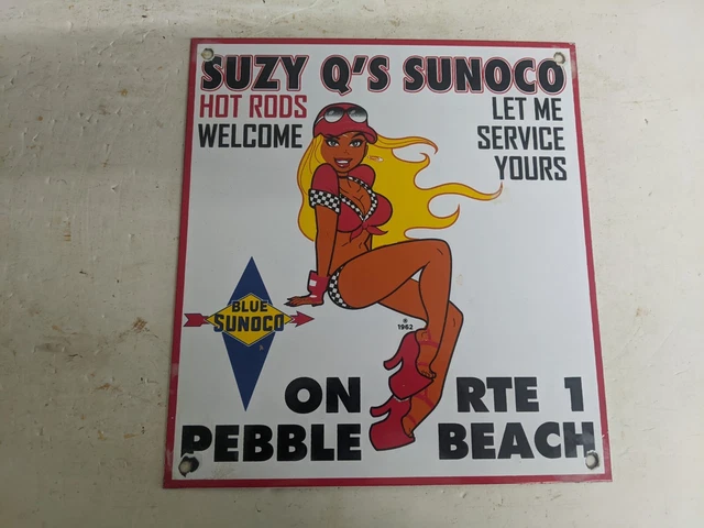 Vintage 1962 Suzy Q's Sunoco Gas Oil Porcelain Gas Station Pump Gasoline Sign