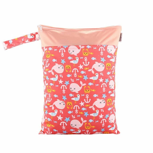 Waterproof Double Zip Wet Bag Pink Whales 30x40cm Medium Size