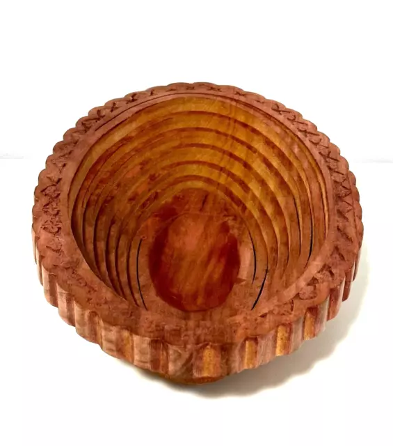 Wooden Teak Collapsable Bowl Hand Carved Spiral Cut Brown Stain Scalloped Edge
