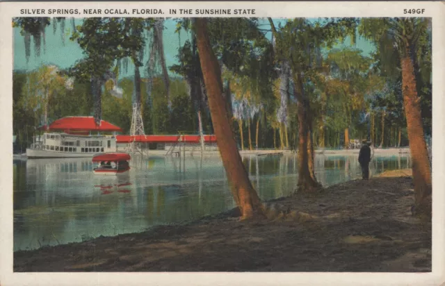 Vintage Postcard Silver Springs Ocala Florida Dock Boats Couple Near Water 549GF