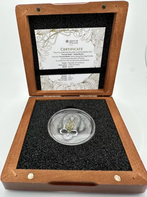 2018 1 Oz Silver 1000 Francs Cameroon CARVED SKULL  Antiqued Coin
