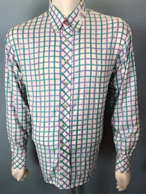 Mens Marc Ecko Large Luxury White Shirt Cyan Grid Reversible Magenta Grid Shirt