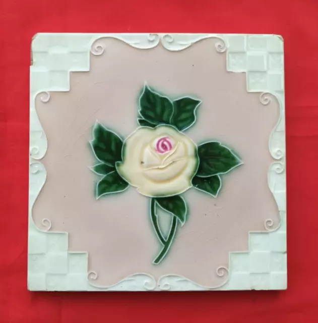 1 Piece Old Art Deco Flower Design Embossed Majolica Ceramic Tiles Japan 0255