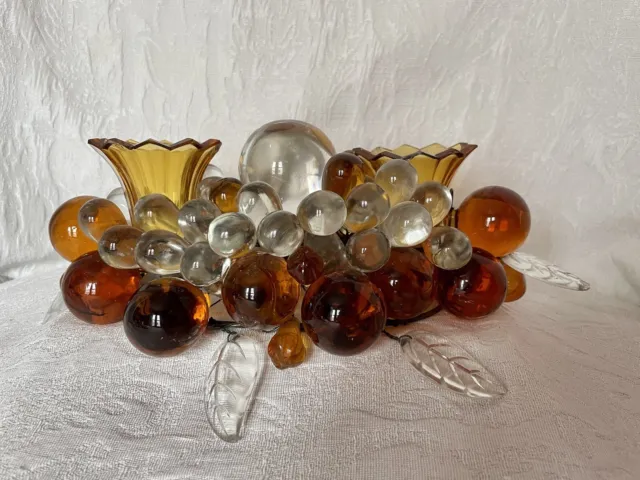 Mid Century Amber & Clear Glass Grapes Double Candle Centerpiece HTF