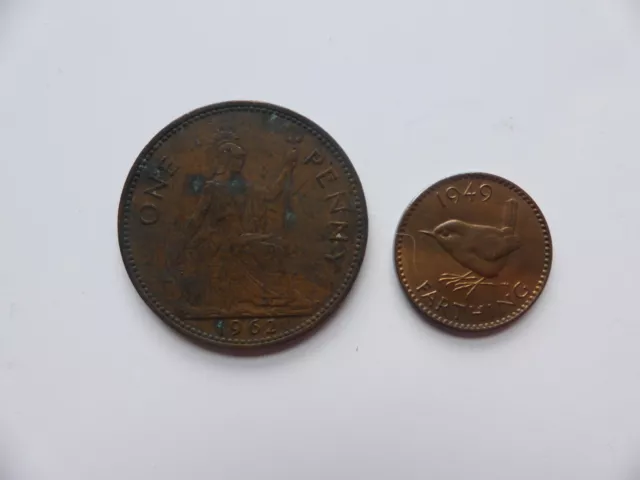 A  1962 penny and a 1949 farthing coin