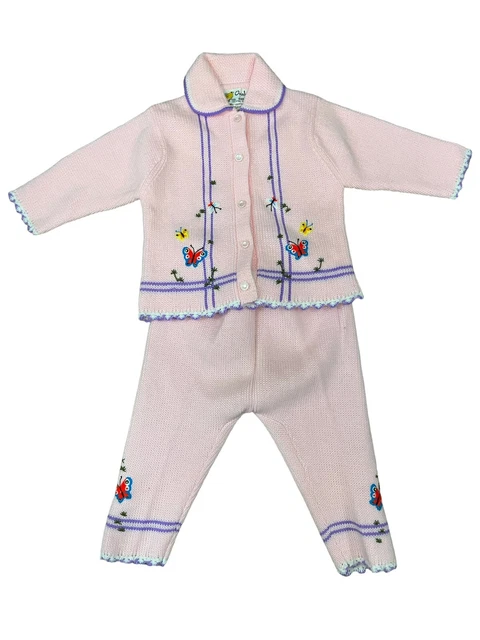 Vintage Children's Sweater Cardigan Pant Set Oriole China Pink Knit Embroidered