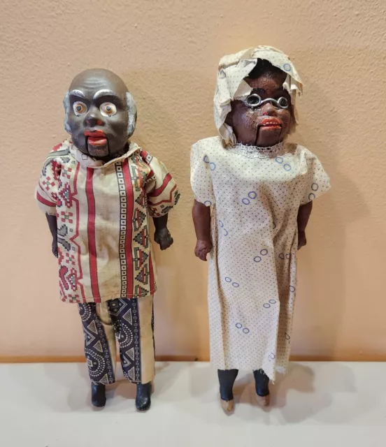 Pair Antique Black Dolls, Male, Female, Paper Mache, Cloth, Mechanical, Unmarked