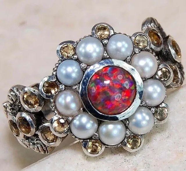 Natural 1CT Fire Opal & Pearl 925 Sterling Silver Victorian Style Ring Sz 6 FR3