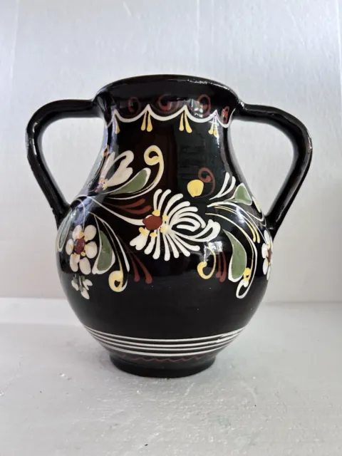 Vintage 60s Mid Century Hungarian Studio Pottery Red Black Ceramic Vase Signed