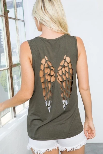 Plus/ Reg V Neck LASER CUT ANGEL WING back Tank TOP  S M L XL 1X 2X 3X OLIVE