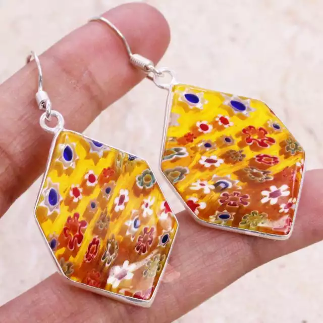 Dichroic Glass 925 Silver Plated Handmade Earrings of 1.8" Ethnic Gift