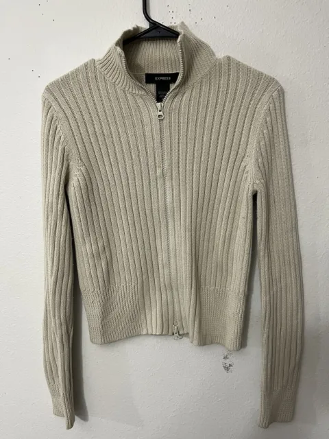 Express Sweater Women's Full Zip Long Sleeve Size M Beige