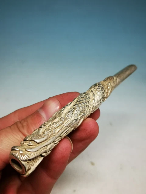 Vintage Chinese Tibetan Silver Dragon Tobacco Pouch Pipe Cherry Blossoms Y52